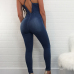 Sexy Deep V Neck Sleeveless Embroidery Backless Light Blue Denim One-piece Skinny Jumpsuits