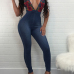 Sexy Deep V Neck Sleeveless Embroidery Backless Light Blue Denim One-piece Skinny Jumpsuits