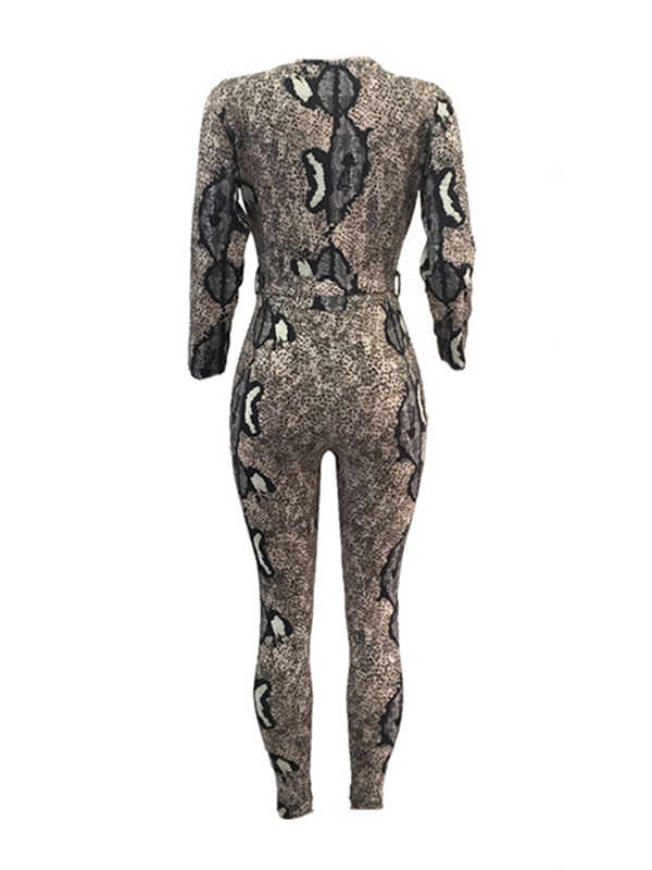 Sexy Deep V Neck Snakeskin Printing Polyester One-piece Jumpsuits