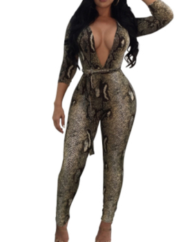 Sexy Deep V Neck Snakeskin Printing Polyester One-piece Jumpsuits