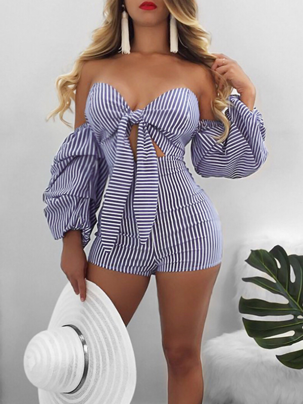 Sexy Dew Shoulder Striped Blue Cotton One-piece Jumpsuits