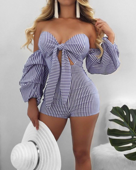 Sexy Dew Shoulder Striped Blue Cotton One-piece Jumpsuits