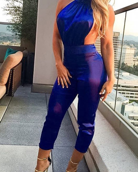 Sexy Halter Neck Backless Blue Polyester One-piece Skinny Jumpsuits