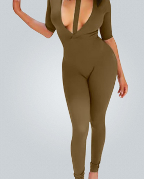 Sexy Halter Neck Short Sleeves Hollow-out Army Green Blending One-piece Skinny Jumpsuits