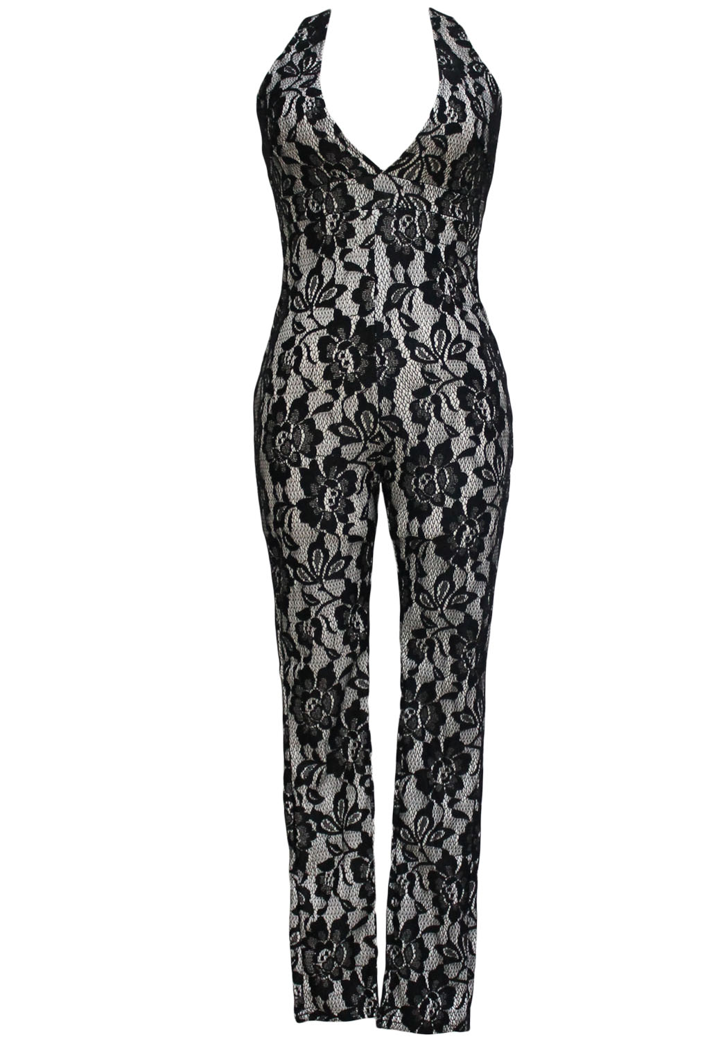 Sexy Halter V Neck Sleeveless Print Lace One-piece Skinny Jumpsuit