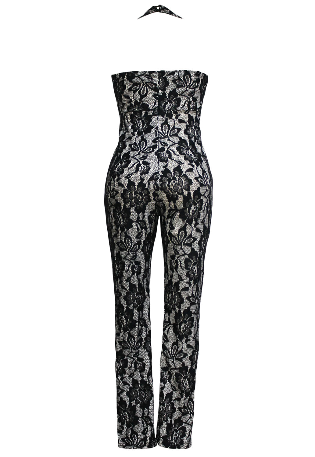 Sexy Halter V Neck Sleeveless Print Lace One-piece Skinny Jumpsuit