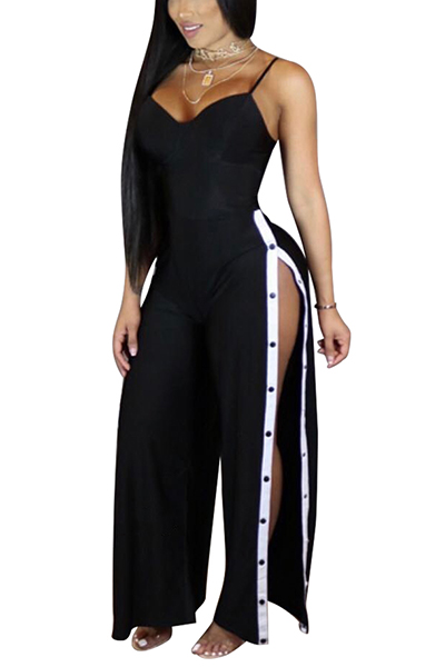 Sexy High Split Black Twilled One-piece Jumpsuits