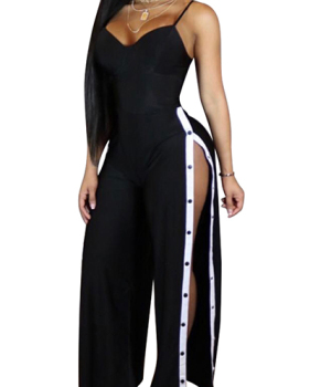 Sexy High Split Black Twilled One-piece Jumpsuits