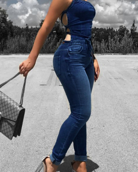 Sexy Lace-up Hollow-out Denim One-piece Skinny Jumpsuits