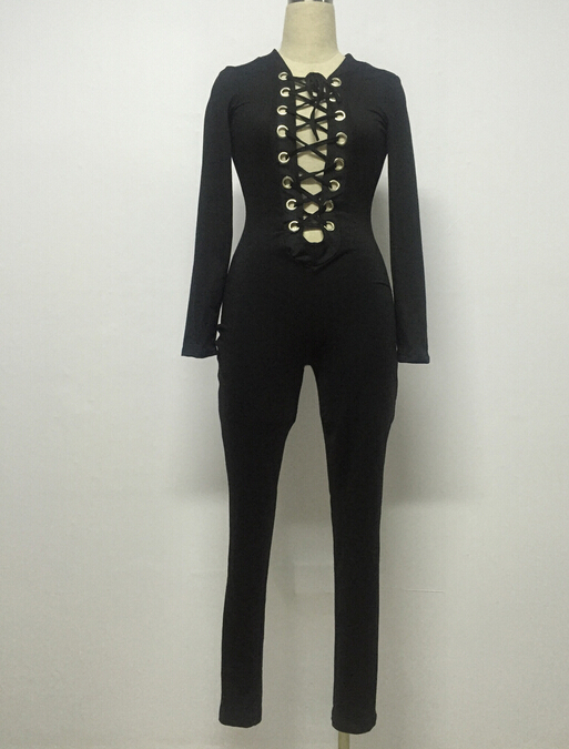 Sexy Long Sleeves Front Lace-up Hollow-out Solid Black Polyester One-piece Skinny Jumpsuit