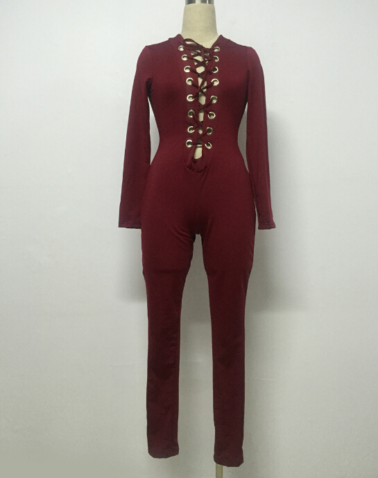 Sexy Long Sleeves Front Lace-up Hollow-out Wine Red Polyester One-piece Skinny Jumpsuit