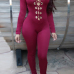 Sexy Long Sleeves Front Lace-up Hollow-out Wine Red Polyester One-piece Skinny Jumpsuit