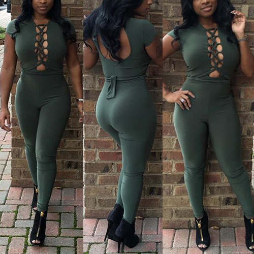 Sexy O Neck Short Sleeves Front Lace-up Hollow-out Backless Solid Green Cotton Blend One-piece Skinny Jumpsuit