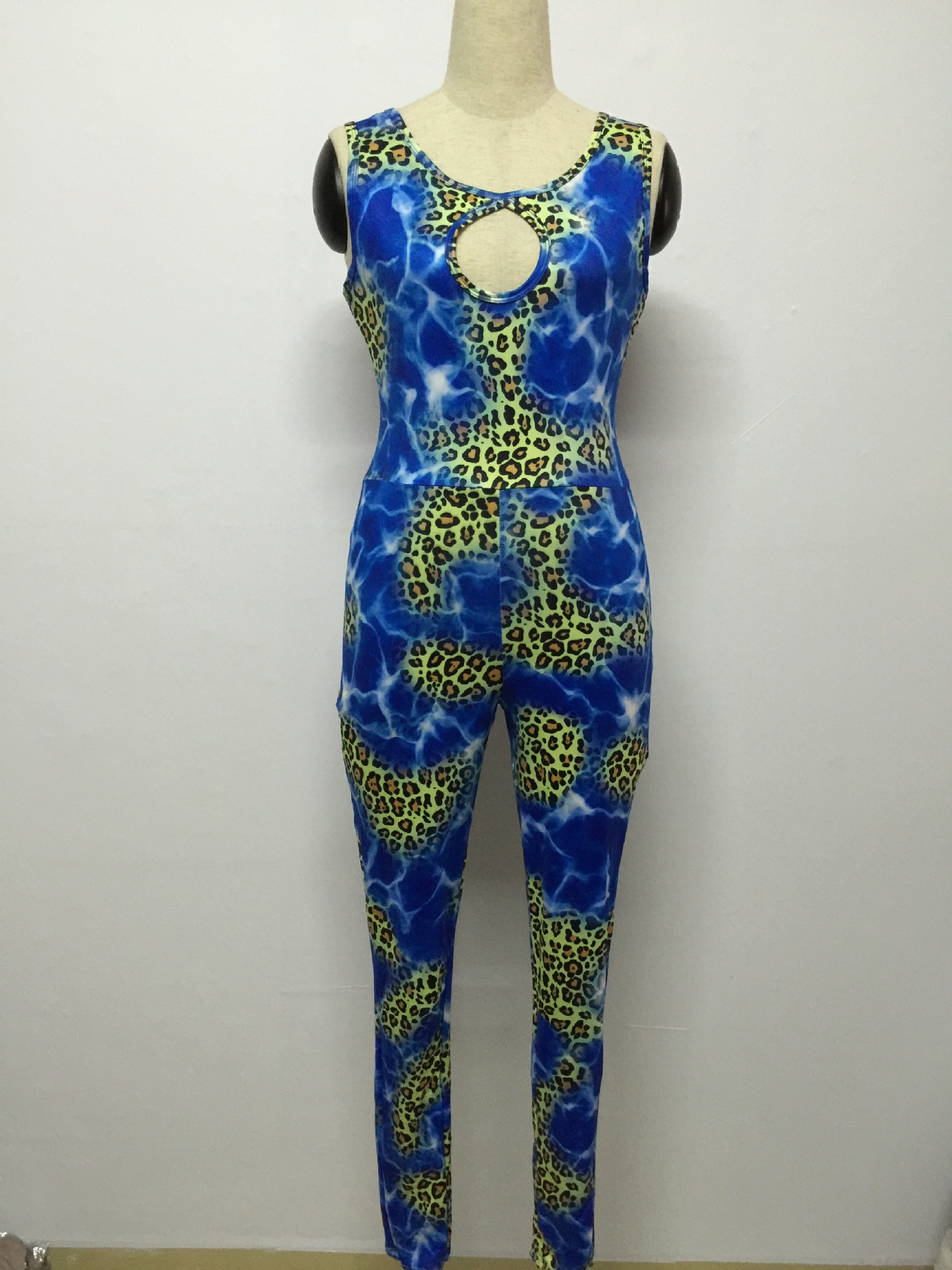 Sexy O Neck Sleeveless Backless Leopard Print Blue Polyester One-piece Skinny Jumpsuit