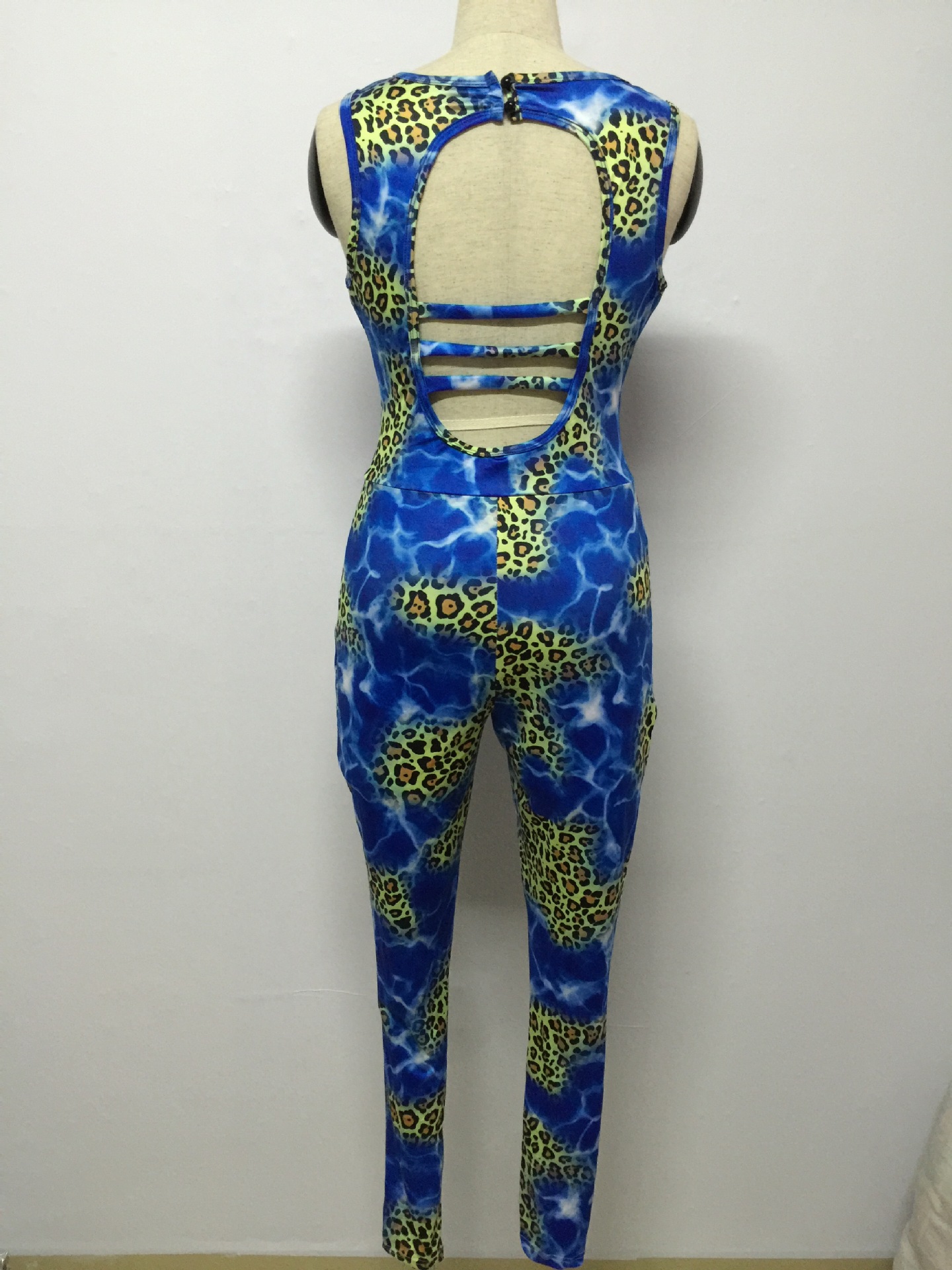 Sexy O Neck Sleeveless Backless Leopard Print Blue Polyester One-piece Skinny Jumpsuit