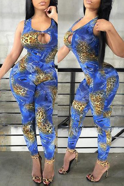 Sexy O Neck Sleeveless Backless Leopard Print Blue Polyester One-piece Skinny Jumpsuit