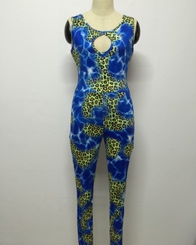 Sexy O Neck Sleeveless Backless Leopard Print Blue Polyester One-piece Skinny Jumpsuit