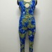 Sexy O Neck Sleeveless Backless Leopard Print Blue Polyester One-piece Skinny Jumpsuit