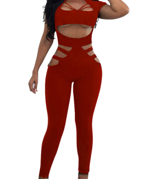 Sexy Round Neck Hollow-out Red Twilled One-piece Jumpsuits