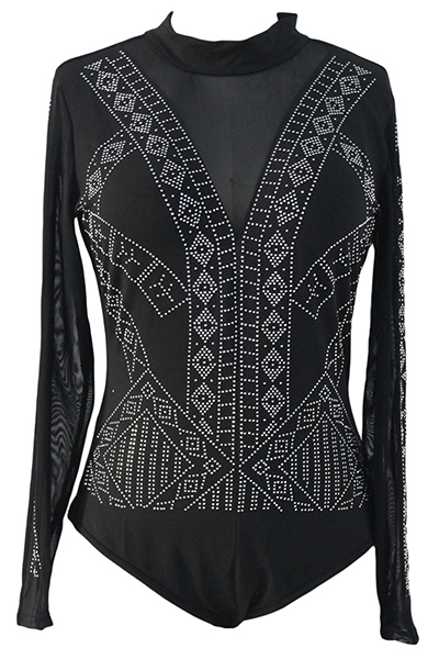 Sexy Round Neck Long Sleeves Gauze Patchwork Hollow-out Black Polyester One-piece Jumpsuits