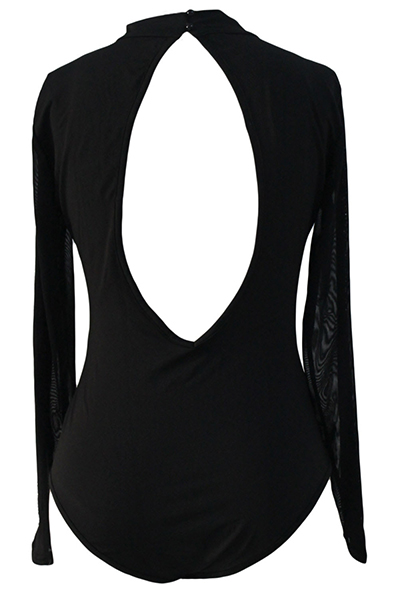 Sexy Round Neck Long Sleeves Gauze Patchwork Hollow-out Black Polyester One-piece Jumpsuits