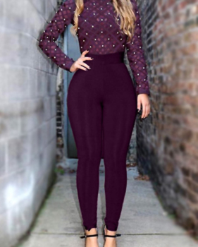 Sexy Round Neck Long Sleeves Gauze Patchwork +Pearl Decoration Purple Healthy Fabric One-piece Skinny Jumpsuits