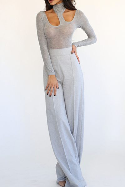 Sexy Round Neck Long Sleeves Hollow-out Gray Cotton Blends One-piece Skinny Jumpsuits