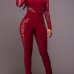 Sexy Round Neck Long Sleeves Patchwork See-Through Wine Red Healthy Fabric One-piece Skinny Jumpsuits