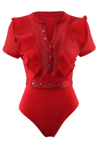 Sexy Round Neck Short Sleeves See-Through Red Polyester One-piece Skinny Jumpsuits