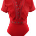 Sexy Round Neck Short Sleeves See-Through Red Polyester One-piece Skinny Jumpsuits