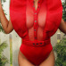 Sexy Round Neck Short Sleeves See-Through Red Polyester One-piece Skinny Jumpsuits