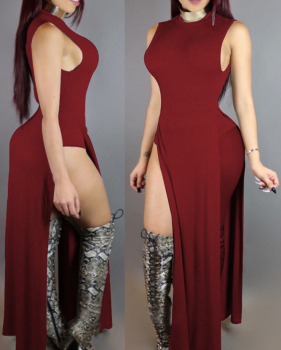 Sexy Round Neck Sleeveless Wine Red Cotton One-piece Jumpsuits