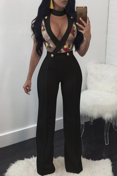 Sexy Round Neck V-shaped Hollow-out Black Twilled One-piece Jumpsuits