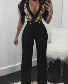 Sexy Round Neck V-shaped Hollow-out Black Twilled One-piece Jumpsuits