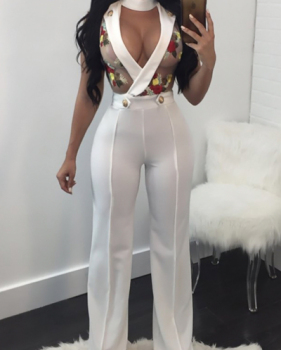 Sexy Round Neck V-shaped Hollow-out White Twilled One-piece Jumpsuits