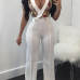 Sexy Round Neck V-shaped Hollow-out White Twilled One-piece Jumpsuits