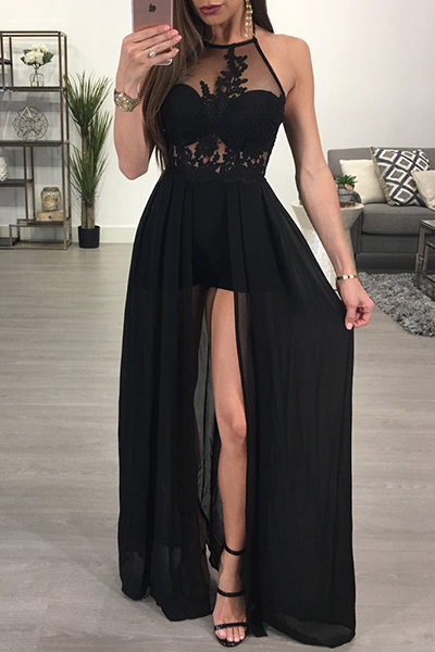 Sexy See-Through Backless Black Chiffon One-piece Jumpsuits