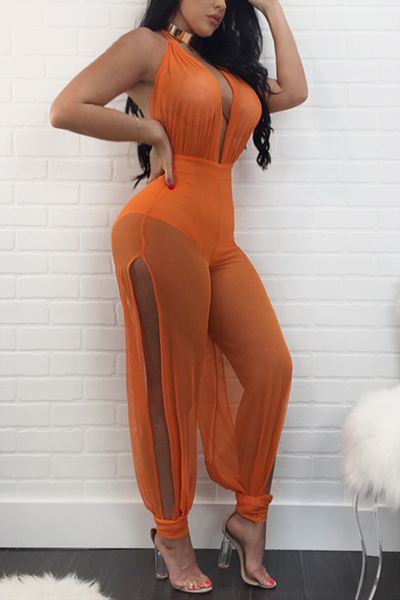 Sexy Sleeveless See-Through Orange Gauze One-piece Skinny Jumpsuits