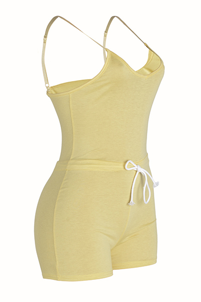 Sexy Spaghetti Strap Yellow Polyester One-piece Skinny Jumpsuits