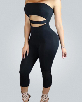 Sexy Strapless Hollow-out Black Cotton Blends One-piece Skinny Jumpsuits