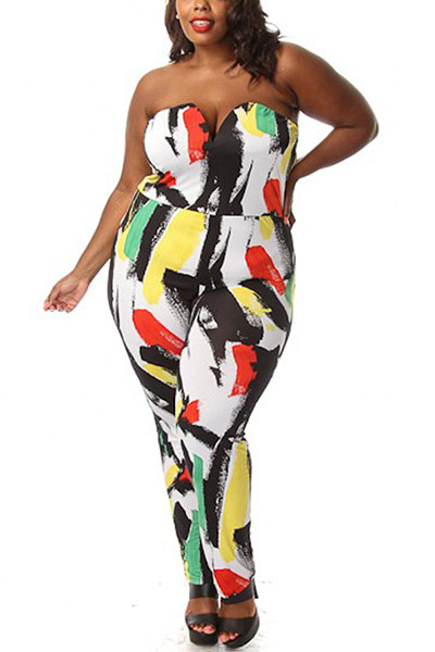 Sexy Strapless Sleeveless Multi-colored Print Polyester One-piece Regular Jumpsuit