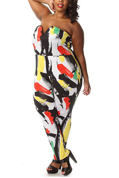 Sexy Strapless Sleeveless Multi-colored Print Polyester One-piece Regular Jumpsuit