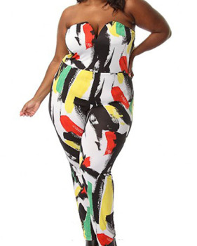 Sexy Strapless Sleeveless Multi-colored Print Polyester One-piece Regular Jumpsuit