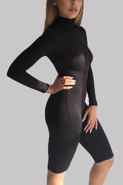 Sexy Turtleneck Long Sleeves Solid Black Spandex One-piece Skinny Jumpsuit