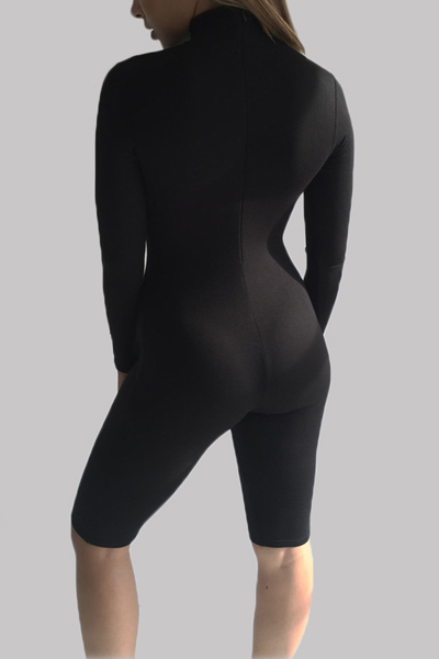 Sexy Turtleneck Long Sleeves Solid Black Spandex One-piece Skinny Jumpsuit