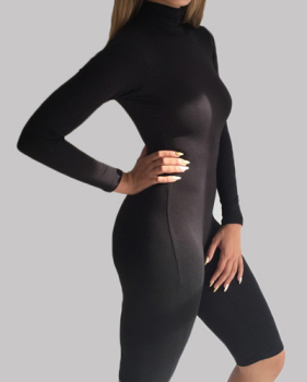 Sexy Turtleneck Long Sleeves Solid Black Spandex One-piece Skinny Jumpsuit