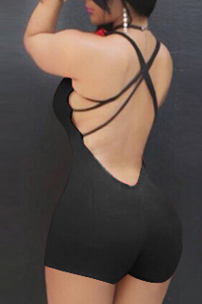 Sexy U-shaped Neck Backless Black Qmilch One-piece Skinny Jumpsuits