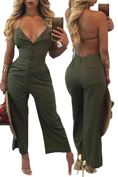 Sexy V Neck Backless Army Green Cotton One-piece Jumpsuits