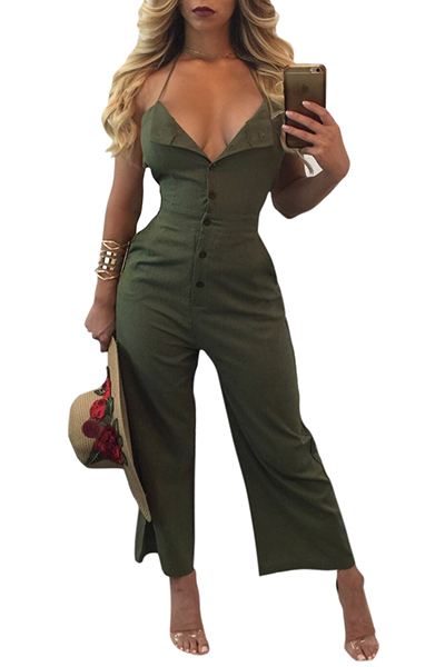 Sexy V Neck Backless Army Green Cotton One-piece Jumpsuits