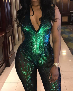 Sexy V Neck Backless Green Sequined One-piece Jumpsuits